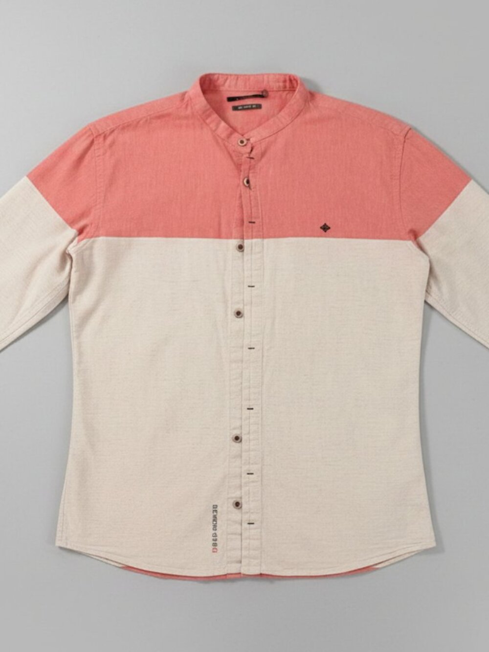 Zinc Men's Color-Block Mandarin Collar Large Shirt - Salmon Pink & Cream - Great